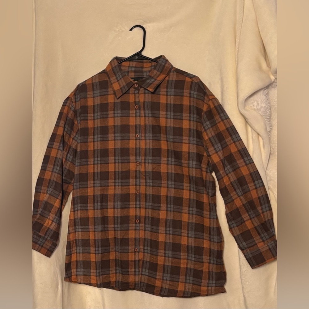 🧡 Orange and Brown Button Down Plaid Shirt